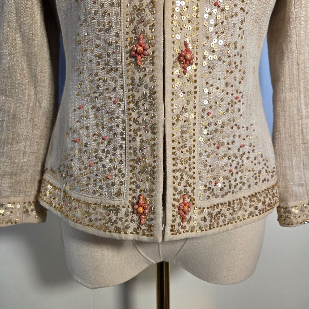 Ann Taylor Size 0 Cotton / Linen Blend Sequin Beaded Lightweight Dressy Jacket - Picture 3 of 12